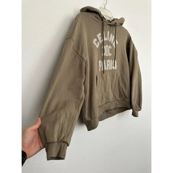 Celine Women's Cropped Hoodie Logo Spellout Autumn/Winter Collection Green Small - Picture 5 of 11